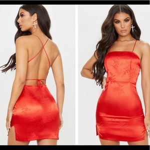 PRETTYLITTLETHING SATIN HALTER RED DRESS